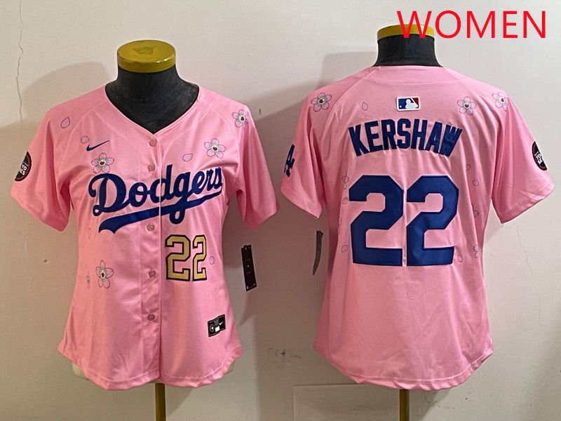 Women Los Angeles Dodgers #22 Kershaw Pink White Blue Sakura Edition 2025 Nike MLB Jersey style 3